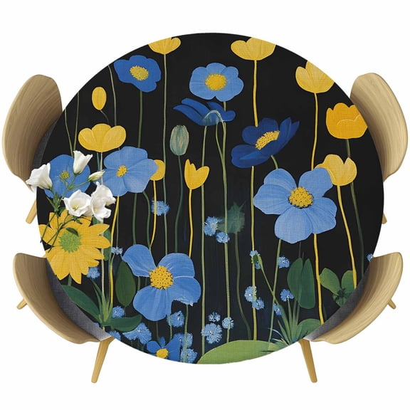 Blue Yellow Floral Round Tablecloth 55-60 Inch Round Fitted Table Cloth with Elastic Edge, Spring Summer Pastoral Plant Leaf Waterproof Table Cover Protector for Outdoor Picnic Party Dining