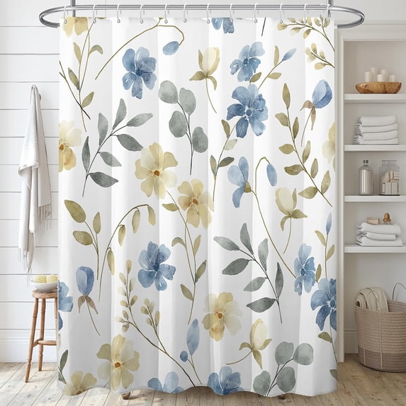 Blue and Yellow Floral Shower Curtain for Bathroom,Grey Leaves Shower Curtains Set with 12 Hooks,Watercolor Art Waterproof Fabric Bath Curtain,72x72in