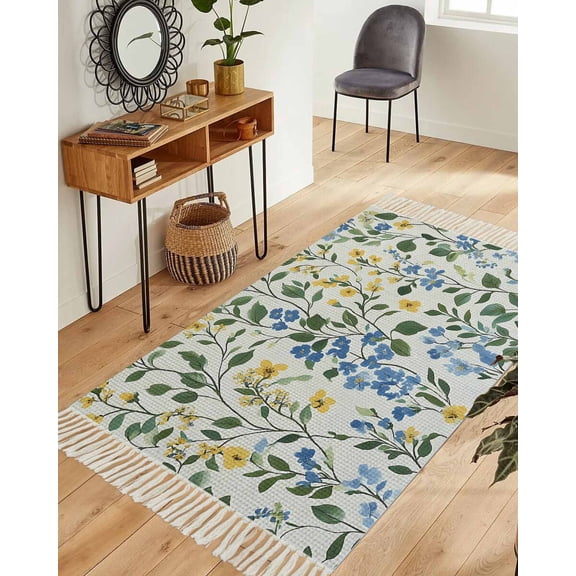 Blue Yellow Floral Spring Area Rug 3x5ft Woven Runner Rug,Green Pastoral Summer Botanical Washable Living Room Hallway Bedroom Kitchen Carpet with Tassels,Indoor Outdoor Throw Door Mat for Entryway