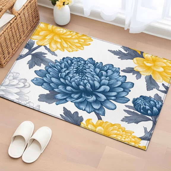 Blue Yellow Floral Spring Bathroom Rug Washable 2x3 Entryway Rug Non Slip Elegant Botanical Summer Front Door Mat Low Pile Indoor Doormat Throw Floor Carpet for Kitchen Bedroom Entrance