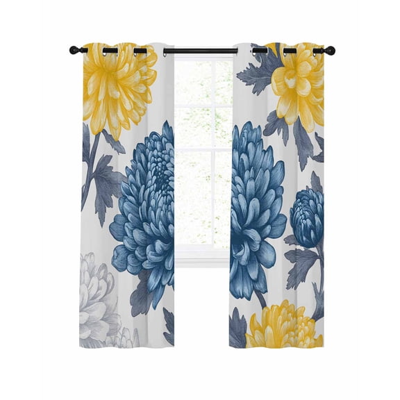 Blue Yellow Floral Spring Blackout Curtains, Light Blocking Print Window Curtains, Elegant Botanical Summer Thermal Insulated Window Drapes for Living Room Kitchen Cafe 2 Panels, 84"W x 84"L