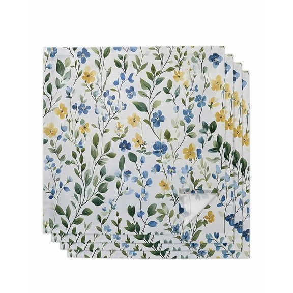 Blue Yellow Floral Spring Cloth Napkins Washable Set of 4, Summer Pastoral Botanical Green Reusable Dinner Table Napkins Cloth Bulk for Weddings Kitchen Restaurants Hotel Events Parties 20 x 20 Inch