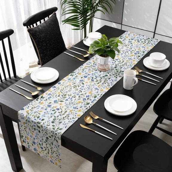 Blue Yellow Floral Spring Cotton Linen Small Table Runner 13 x 48 inch Summer Pastoral Botanical Green Non-slip Rectangular Dining Table Decor for Wedding Party Holiday Dinner
