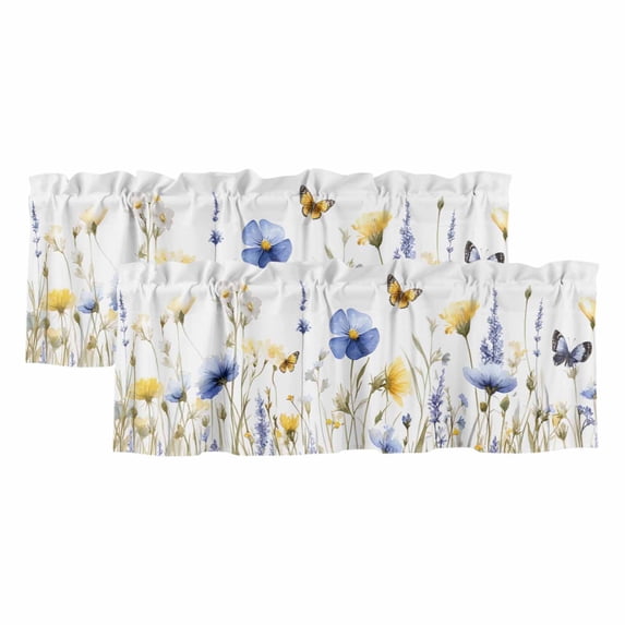 Blue Yellow Floral Spring Curtain Valances for Windows, Kitchen Valance Window Treatments Panel 2 Pack, Farmhouse Summer Botanical Rod Pocket Short Curtains for Bathroom Bedroom 42 x 12 Inch