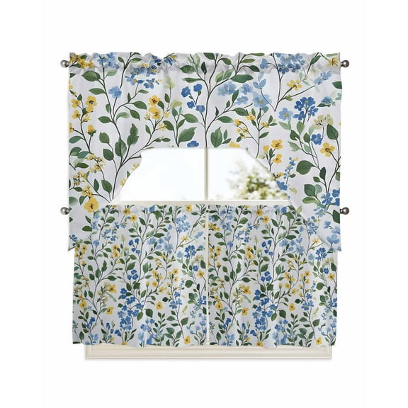 Blue Yellow Floral Spring Kitchen Curtain and Valance Set 3 Pieces,Rod Pocket Short Tier Curtains 24 Inch Length,Green Pastoral Summer Botanical Swag Topper Small Window Treatment for Cafe Bathroom