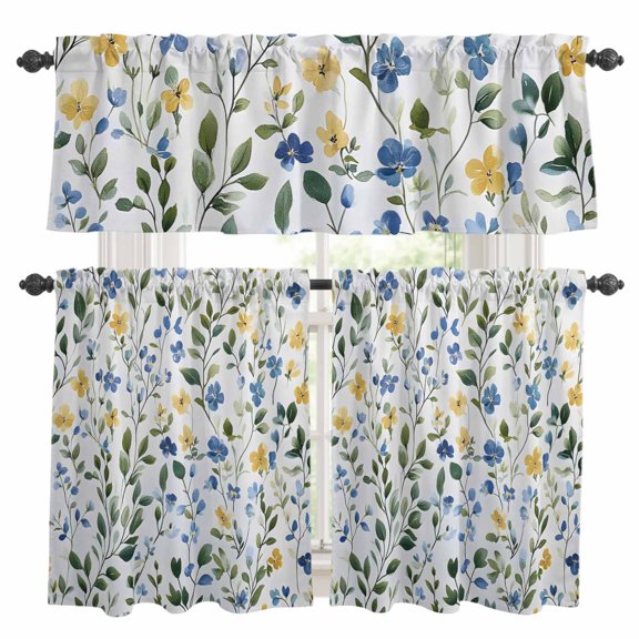Blue Yellow Floral Spring Kitchen Curtains Sets for Windows 24 Inch Length, Summer Pastoral Botanical Green Rod Pocket Window Treatments Tier Curtains and Valances Set for Bedroom/Bathroom
