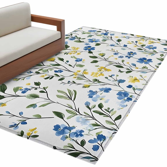 Blue Yellow Floral Spring Large Area Rugs for Bedroom Living Room, Soft Non Slip Carpet Bedside Rug, Summer Botanical Green Pastoral Rectangular Floor Cover Kitchen Accent Rug 4'x6' for Office