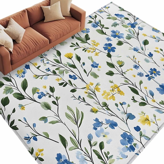 Blue Yellow Floral Spring Large Area Rugs for Bedroom Living Room, Soft Non Slip Carpet Bedside Rug, Summer Botanical Green Pastoral Rectangular Floor Cover Kitchen Accent Rug 8'x10' for Office