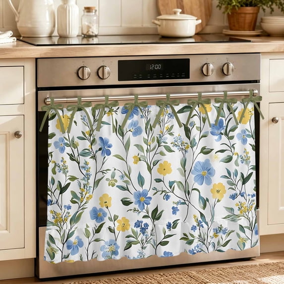 Cream Ruffle Ribbon Blue Yellow Floral Spring Oven Skirt Curtain, Oven Door Curtain with 8 ...