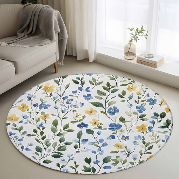 Blue Yellow Floral Spring Round Area Rug 3.3 FT, Non Slip Small Entryway Kitchen Mat, Summer Pastoral Botanical Green Washable Soft Circular Rug Non-Shedding Door Mat for Bathroom Playroom Kids Room