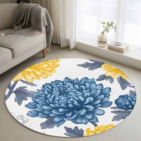 Blue Yellow Floral Spring Round Rug 4ft Washable Circle Entryway Rugs Non Slip Elegant Botanical Summer Area Rug Indoor Floor Carpet for Bedroom Kitchen Living Room Home Office Dining Room Nursery