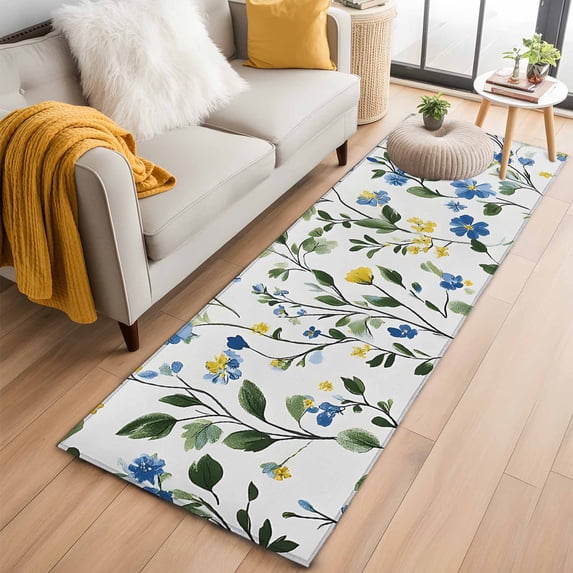 Blue Yellow Floral Spring Runner Rug 2x6 FT,Non Slip Hallway Rugs,Summer Botanical Green Pastoral Washable Soft Floor Carpet Throw Runner Carpet Long Rugs for Entryway Kitchen Bedside Sliding Door