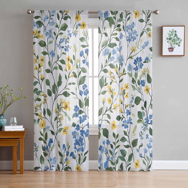 Blue Yellow Floral Spring Semi Sheer Curtains 72 Inch Length 2 Panels ...