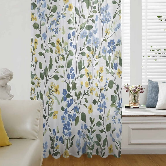 Blue Yellow Floral Spring Semi Sheer Curtains Drapes for Living Room,Bedroom,French Doors Window 72 Inches Long,Green Pastoral Summer Botanical Rod Pocket Chiffon Curtain Drapery Voile Drape Panel