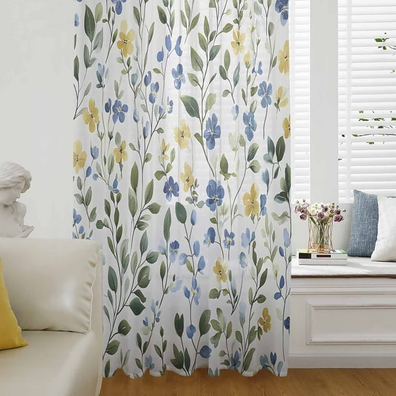 Blue Yellow Floral Spring Semi Sheer Curtains Drapes for Living Room,Bedroom,French Doors Window 72 Inches Long,Summer Pastoral Botanical Green Rod Pocket Chiffon Curtain Drapery Voile Drape Panel