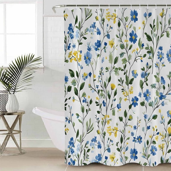 Blue Yellow Floral Spring Shower Curtain Set, Waterproof Shower Curtains for Bathroom, Summer Botanical Green Pastoral Washable Fabric Cloth Bath Curtain for Bathtub with Hooks 72x78 Inches