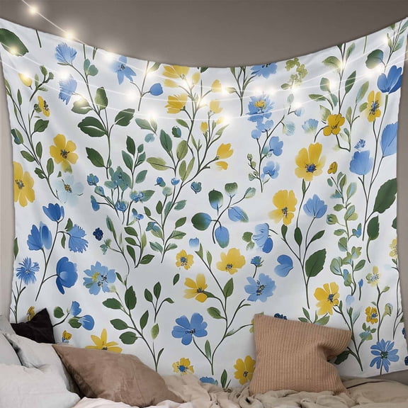 Blue Yellow Floral Spring Small Tapestry for Bedroom Wall Hanging Tapestry,Pastoral Green Summer Botanical Ceiling Backdrop Tapestries Poster Blanket Wall Decor for Teens Room Living Room 23" x 28"