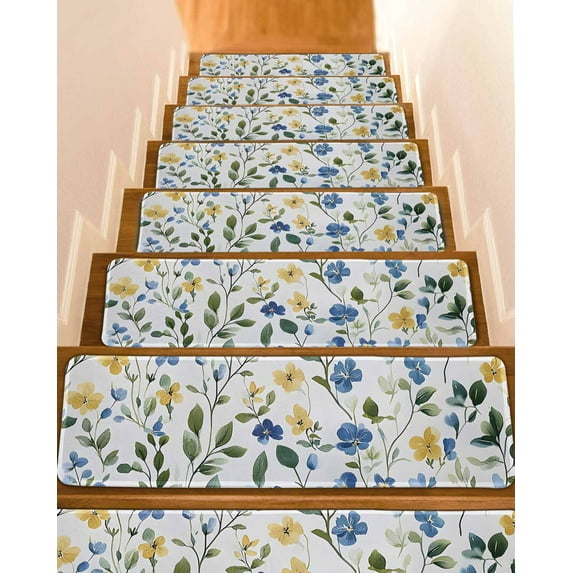 Blue Yellow Floral Spring Stair Treads for Wooden Steps Indoor Runner Rug Carpet, Summer Pastoral Botanical Green 4 Pieces Peel and Stick Staircase Step Treads Covers Washable Throw Door Mats, 30"x8"