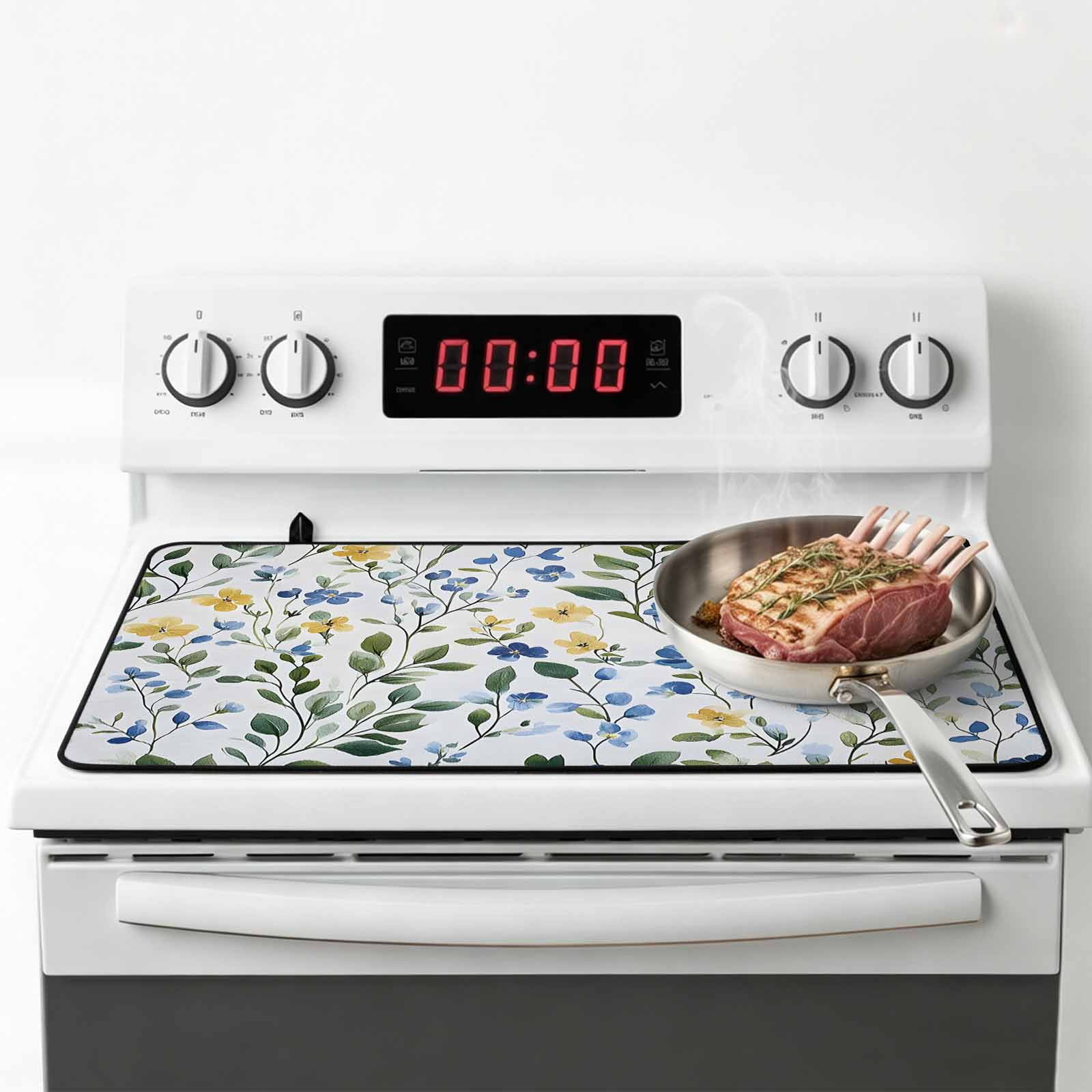 Blue Yellow Floral Spring Stove Top Cover for Electric Stove, Heat-proof & Non Slip Glass Top Stove Cover Protector, Summer Pastoral Botanical Green Kitchen Flat Cooktop Rubber Mat 24x21 Inches