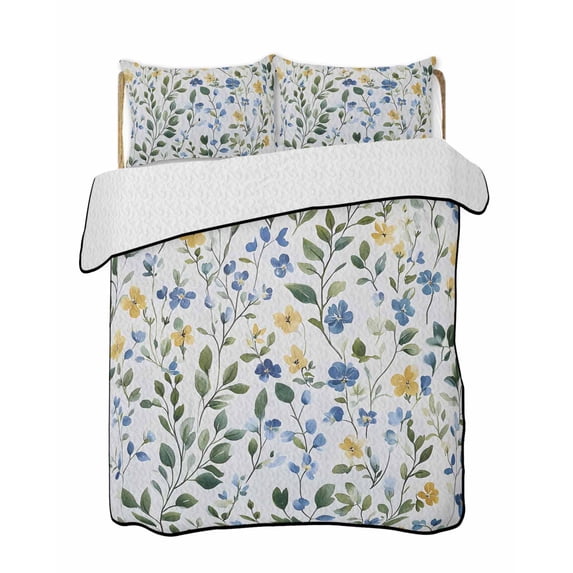 Blue Yellow Floral Spring Summer Quilt Set Twin Size,Soft Quilted Bedding Set with 2 Pillow Shams,Summer Pastoral Botanical Green Lightweight All Season Bedspread Coverlet for Bedroom 68"x86"