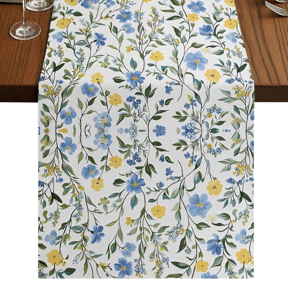 Blue Yellow Floral Spring Table Runner 90 Inches Long, Cotton Linen ...