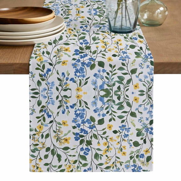 Blue Yellow Floral Spring Table Runner, Green Pastoral Summer Botanical Washable Cotton Linen Table Runners 48 Inches Long, Dresser Scarf Runner for Nightstand/Coffee/End Tables 13''x48''