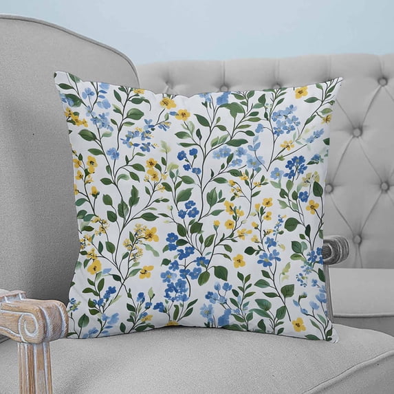 Blue Yellow Floral Spring Throw Pillow Covers, Soft Pillowcases with Invisible Zipper, Green Pastoral Summer Botanical Square Pillow Cushion Covers for Living Room Couch Sofa Bed 24x24 Inches