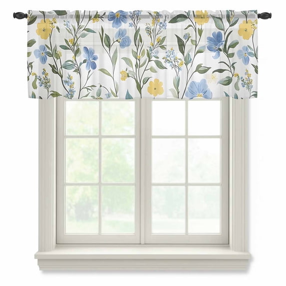 Blue Yellow Floral Spring Valance Curtains for Kitchen/Living Room/Bathroom/Bedroom Window,Rod Pocket Small Topper Half Short Window Curtains Voile Sheer Scarf,Summer Botanical Pastoral Green 60"x18"