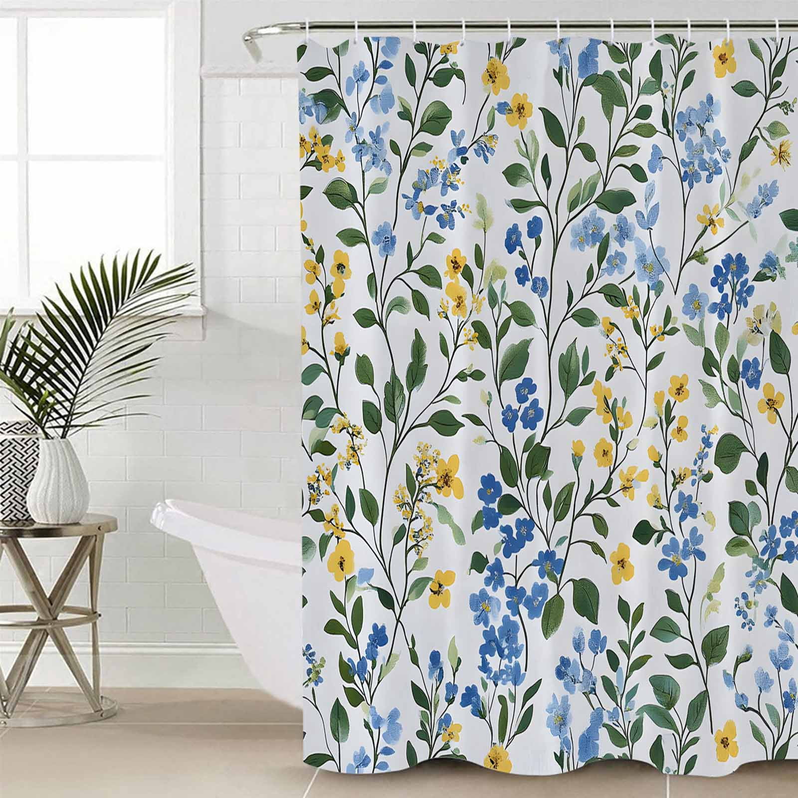 Blue Yellow Floral Spring Waterproof Fabric Shower Curtain, Green