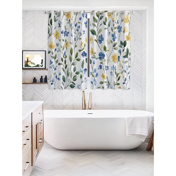Blue Yellow Floral Spring Window Curtains Panels with Grommet, Summer Pastoral Botanical Green Kitchen Cafe Curtain Draperies Window Treatment Set for Living Room/Bedroom/Laundry/Bathroom, 104x84