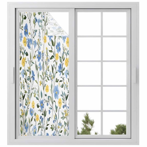 Blue Yellow Floral Spring Window Privacy Film, Summer Botanical Pastoral Green Static Cling UV Sun Blocking Heat Control Window Tint, Non-Adhesive One Way Windows Privacy Cover 29.5''x78.7''