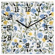 Blue Yellow Floral Spring Wooden Wall Clock Silent Non Ticking, Summer Botanical Pastoral Green Square Wall Clocks Battery Operated, Decor Clock for Home Office, Living Room, Kitchen, 12 Inch