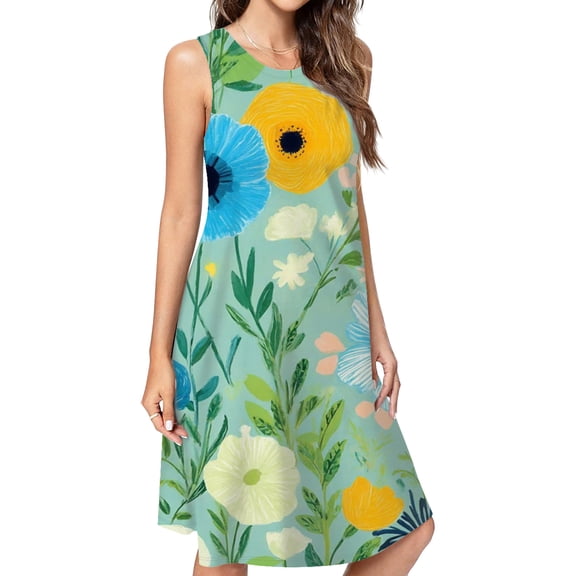 Blue Yellow Floral Summer Pattern Dress Elegant Party Dresses Evening Dresses Women Dress Sleeveless Dress Ladies Dresses