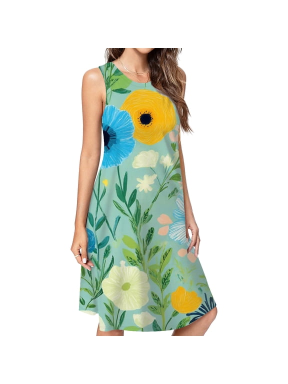 Blue Yellow Floral Summer Pattern Dress Elegant Party Dresses Evening Dresses Women Dress Sleeveless Dress Ladies Dresses