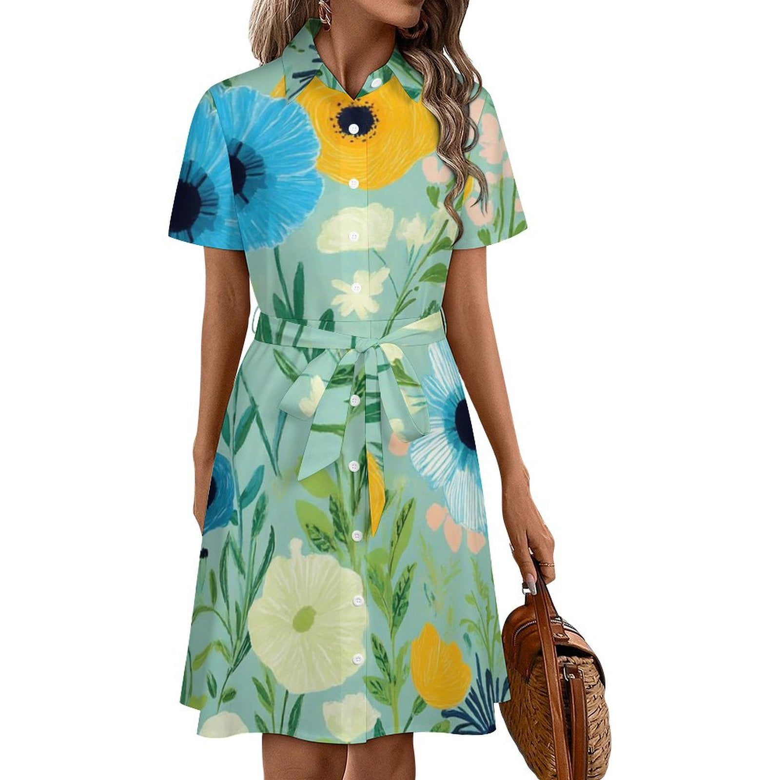 Blue Yellow Floral Summer Pattern Womens Shirt Dresses Women'S Short ...