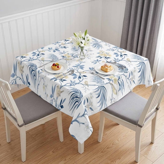 Blue Yellow Floral Table Cloth Waterproof Tablecloths, Spring Birds Garden Botanical Blossom Tablecloth Dining Table Cover for Kitchen Party Tabletop Outdoor, Square Tablecloth 60x60 Inch
