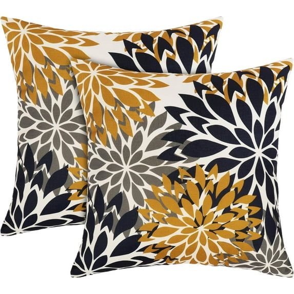 Blue and Yellow Floral Throw Pillow Covers 18x18 inch Set of 2 Outdoor and Indoor Farmhouse Decorative Linen Pillow Cover for Patio Garden Living Room Bed Sofa