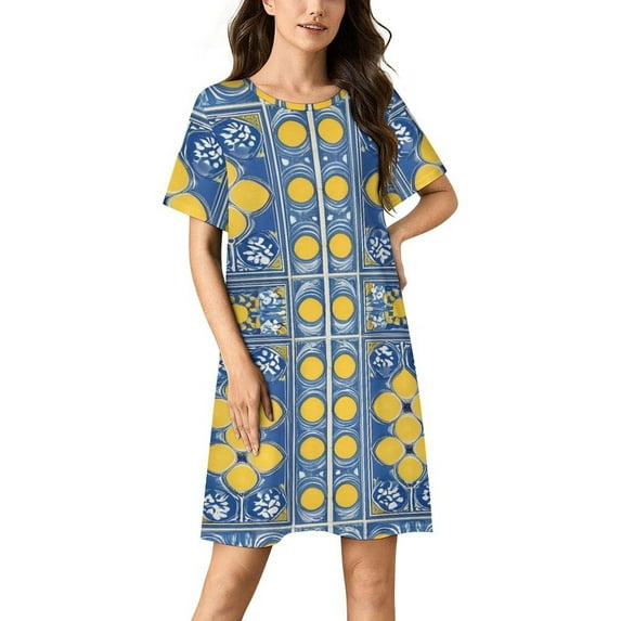 Blue Yellow Floral Tiles Pattern Women Nightgown Sleepwear Short Sleeves For Vacations Travels Nightgowns Women's Pajamas