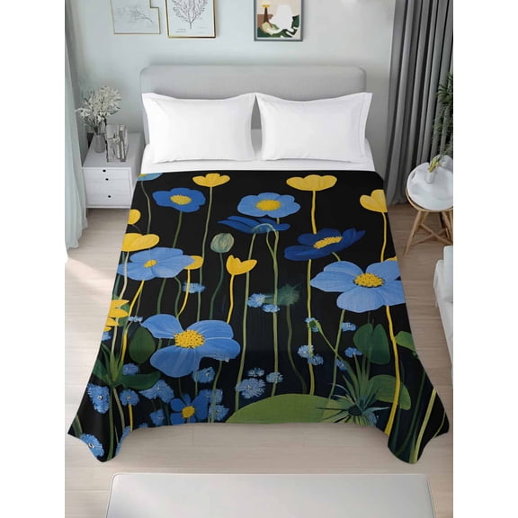 Blue Yellow Floral Twim Size Flat Sheet, Wrinkleproof & Fadeproof Cooling Flat Bed Sheet Only, Spring Summer Pastoral Plant Leaf Breathable Soft Bedding Top Sheets 66 x 96 Inches