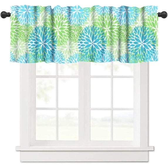 Blue Yellow Floral Valance Curtain Boho Dahlia Chrisanthemum Flowers Pattern Rod Pocket Valance Window Treatments Short Curtains for Kitchen Bathroom Farmhouse 54x18inch