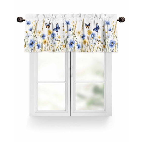 Blue Yellow Floral Valances for Windows Butterfly Flower Paddy Vintage Valance Rod Pocket Light Filtering Short Window Treatments Curtains for Kitchen Bathroom Living Room Bedroom, 42 x 12 Inch