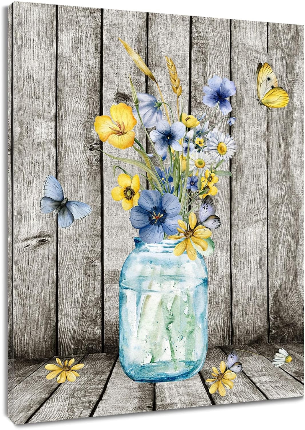 Blue and Yellow Floral Wall Art for Living Room,Blue Flower in Vase and ...