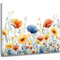 Blue and Yellow Floral Wall Art for Living Room, Orange Wildflower Leaf Plant Canvas Wall Art Spring Nature Botanical Framed Wall Art for Bathroom Bedroom Office Home Decor,12L X 16W inches
