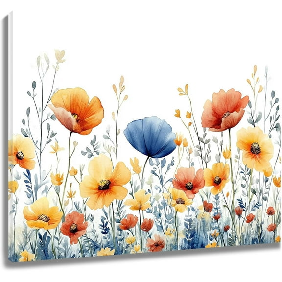 Blue and Yellow Floral Wall Art for Living Room, Orange Wildflower Leaf Plant Canvas Wall Art Spring Nature Botanical Framed Wall Art for Bathroom Bedroom Office Home Decor,12L X 16W inches