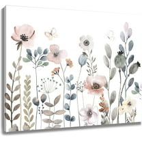 Blue and Yellow Floral Wall Art for Living Room, Spring Wildflower and Butterfly on White Canvas Wall Art Country Flower Picture Wall Decor for Bedroom Bathroom Decor Paintings,12L x 16W inches