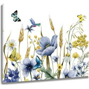Blue and Yellow Floral Wall Art for Living Room, Spring Wildflower and Butterfly on White Canvas Wall Art Country Flower Picture Wall Decor for Bedroom Bathroom Decor Paintings,12L x 16W inches
