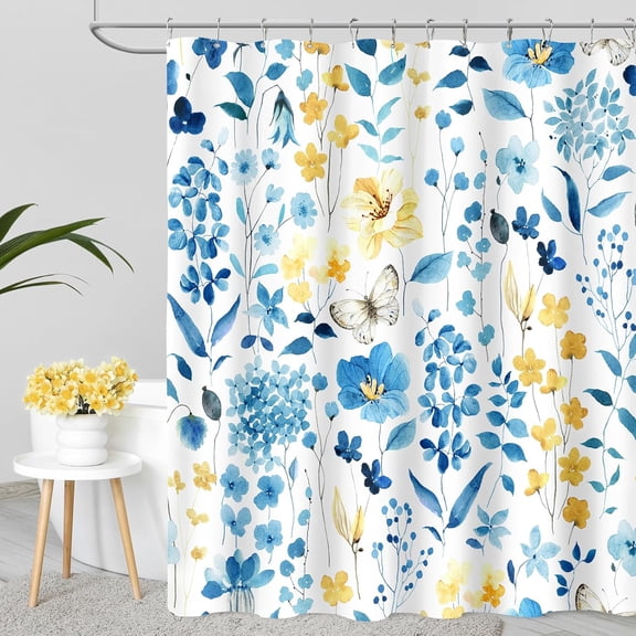 Blue Yellow Floral Waterproof Shower Curtain, Cute Flower Fabric Shower Curtains for Bathroom, Watercolor Wildflower Butterfly Cloth Shower Curtain Set with Hooks 54"W x 78"L (Pack of 1)