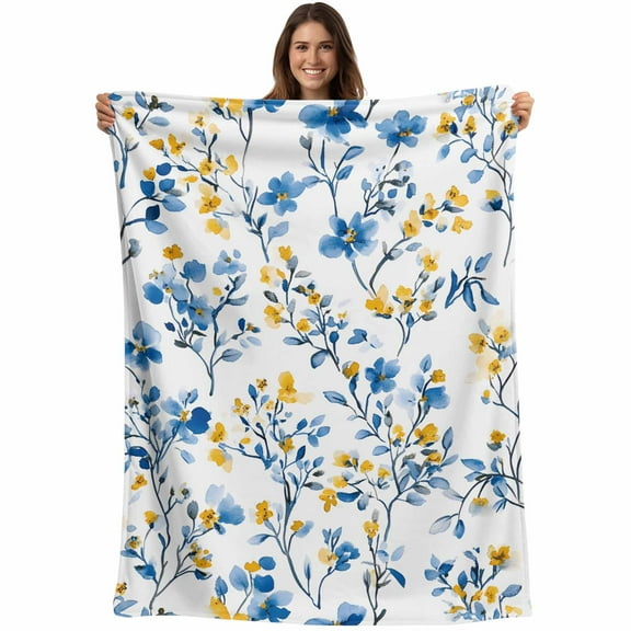 Blue Yellow Florl Print Throw Blankets, Rustic Wild Flowers Pattern Soft Fleece Blanket Decorative for Home Sofa Couch Chair Living Bedroom, 30x40 Inches,