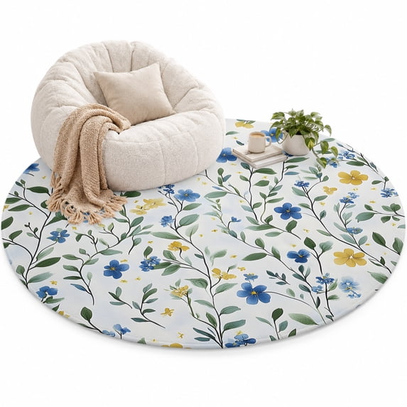 Blue Yellow Flower Area Rug 5', Watercolor Leaf Soft Mat Non-Slip ...