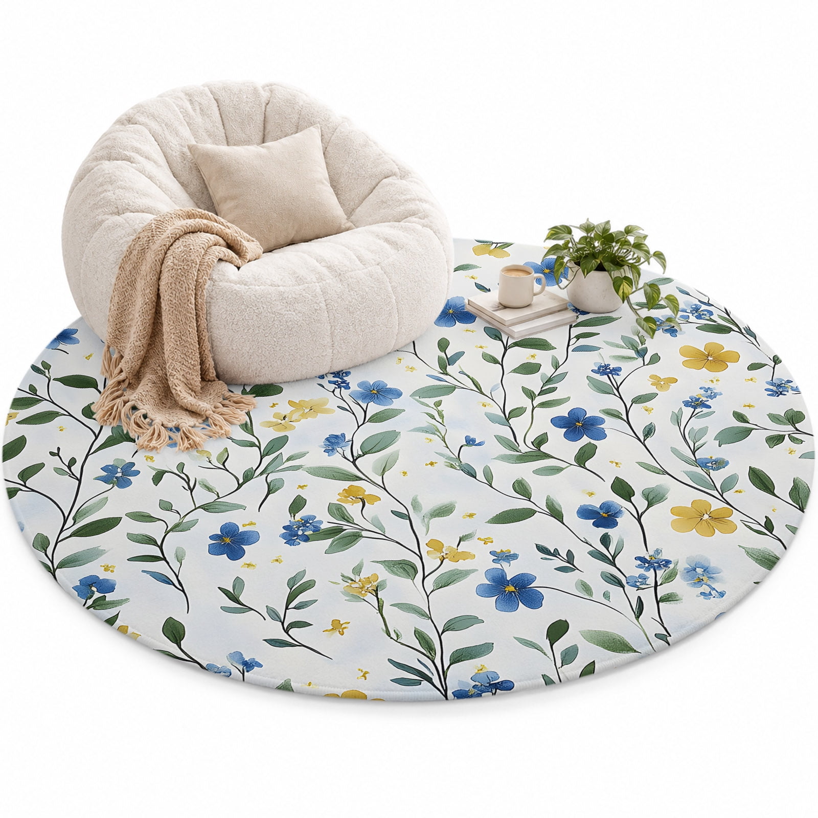 Blue Yellow Flower Area Rug 6', Watercolor Leaf Soft Mat Non-Slip ...